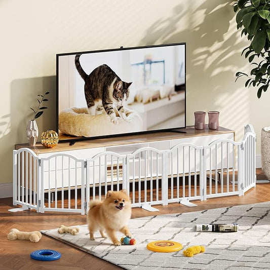Snughome 2 Pack Short Dog Gate Indoor, 16" High Freestanding Small Dog Gates with Support Feet, Expand Up to 48’’Wide Foldable Pet Gate for Doorway, 8 Panel Pet Door Pet Fence for Puppy, White