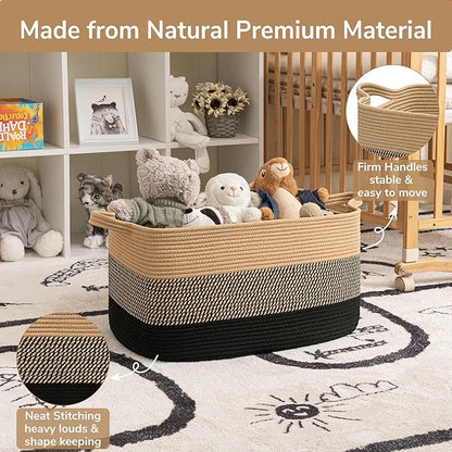 Goodpick Woven Blanket Basket, 21.6" x 14.9" x 11.8" Wicker Laundry Basket for Clothes, Storage Baskets for Organizing, Rectangle Rope Large Baskets for Storage, Black Jute