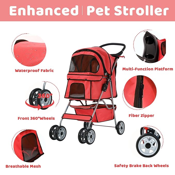 Pet Stroller for Small Medium Dogs & Cats, 4-Wheel Breathable Compact Foldable Dog Carrier with Storage Basket, Outdoor Portable Lightweight Travel Stroller for Camping,Red