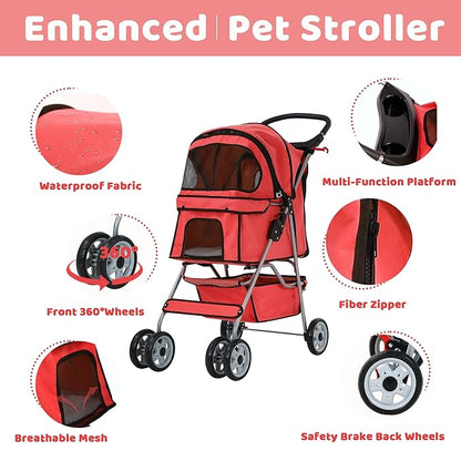 Pet Stroller for Small Medium Dogs & Cats, 4-Wheel Breathable Compact Foldable Dog Carrier with Storage Basket, Outdoor Portable Lightweight Travel Stroller for Camping,Red
