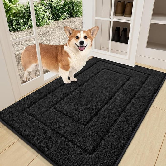 Smiry Dog Door Mat for Muddy Paws, Absorbs Moisture and Dirt, Low-Profile Entryway Mat with Non-Slip Backing, Entry Indoor Outdoor Doormat for Inside Floor (36x24 Inches, Black, Bordered)