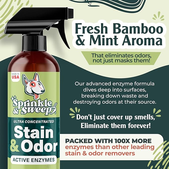 Sprinkle & Sweep: Pet Stain & Odor Enzyme Spray - 32oz - No Scrubbing Concentrated Formula, Dog & Cat Urine & Mess Destroyer, Carpet Spot Cleaning