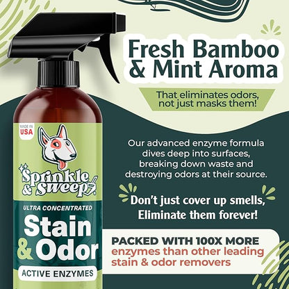 Sprinkle & Sweep: Pet Stain & Odor Enzyme Spray - 32oz - No Scrubbing Concentrated Formula, Dog & Cat Urine & Mess Destroyer, Carpet Spot Cleaning