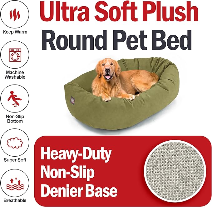 Majestic Pet 40 Inch Suede Calming Dog Bed Washable – Cozy Soft Round Dog Bed with Spine Support for Dogs to Rest Their Head - Fluffy Donut Dog Bed 40x29x9 (Inch) - Round Pet Bed Large – Sage (2025)