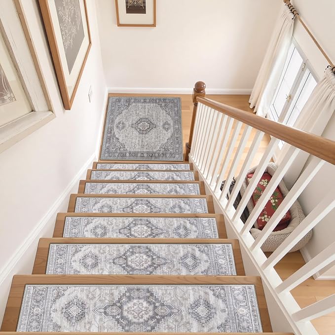OJIA Stair Treads Carpet for Wooden Steps Non Slip Landing Mat Stair Rug with Rubber Backing, Faux Wool Soft Stair Runner Safety Rugs for Family, Absorbent Washable 31x31 inch Carpet for Stairs
