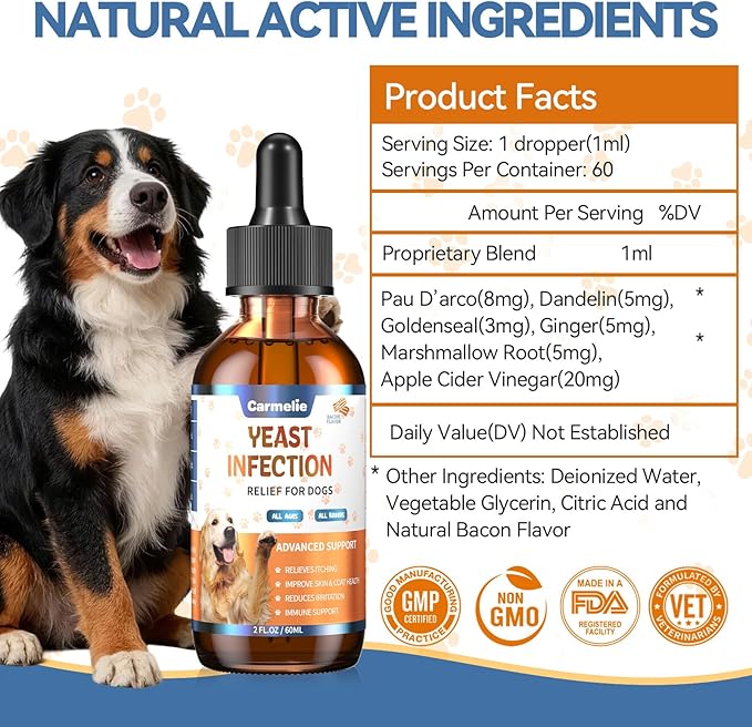 Natural Yeast Relief for Dogs, Support Healthy Itch Relief, Ear Paw Discomfort Care, Itch Relief for Dog, Allergy Supports, Inflammation Relief for Dogs, 60ml Bacon Flavor