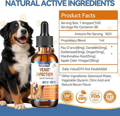 Natural Yeast Relief for Dogs, Support Healthy Itch Relief, Ear Paw Discomfort Care, Itch Relief for Dog, Allergy Supports, Inflammation Relief for Dogs, 60ml Bacon Flavor