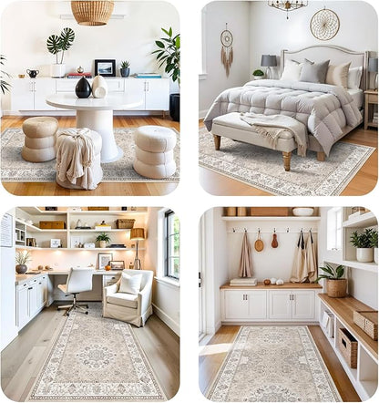 Washable 4x8 Hallway Runner Rug: Vintage 8ft Soft Runners for Entry Kitchen Wide Non Slip Low Pile Carpet for Living Room Bedroom Thin Water Resistant Carpet for Bathroom Dining Room Foyer(Beige,4x8)