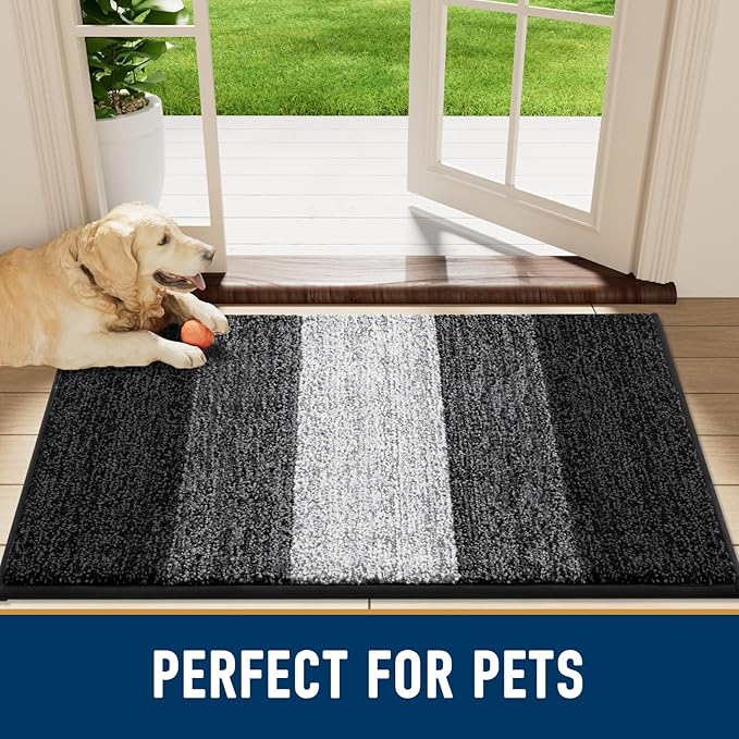 Smiry Dog Door Mat for Muddy Paws, Absorbs Moisture and Dirt, Low-Profile Entryway Mat with Non-Slip Backing, Entry Indoor Outdoor Doormat for Inside Floor (47x24 Inches, Black, Striped)