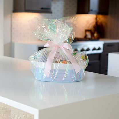 NaturalCozy 3-Piece Oval Storage Basket Set– Soft Natural Rope Woven Baskets for Storage Shelf, Toy, Nursery, Gift, Baby Shower, Pets Cat Dog Bins | Small Basket for Organizing (Off White & Blue)