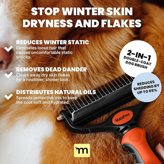 MalsiPree Dog Brush - Large, Orange - 2-in-1 Deshedding Tool & Undercoat Rake, Dog Undercoat Brush - Gentle Dematting Comb & Pet Hair Removal Tool - Smooth-Edge Design & Grooming Comb