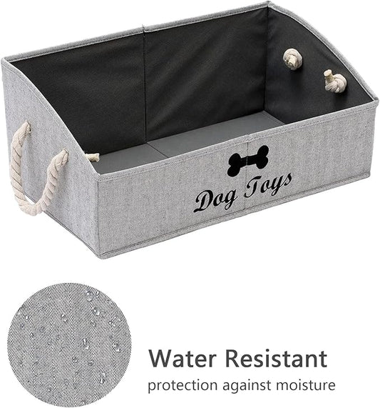 Geyecete Large Dog Toys Storage Bins-Foldable Fabric Trapezoid Organizer Boxes with Weave Rope Handle,Collapsible Basket for Shelves,Dog Apparel(Striped Gray-Dog)