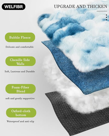 Dog Bed with Shredded Foam Filling, 35" *25" Calming Pet Sofa with Removable Washable Cover, Soft Faux Fur Bolster Couch for Dogs, Anti-Slip Bottom (Tie-Dyed Blue, Small)