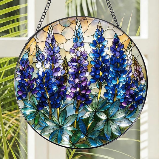 Stained Glass Window Hanging, 7.8″ Blue Flower Sun Catchers with Hook Indoor Window Decor, Decorative Suncatchers Hanging Ornaments Home Garden Art Gift for Housewarming
