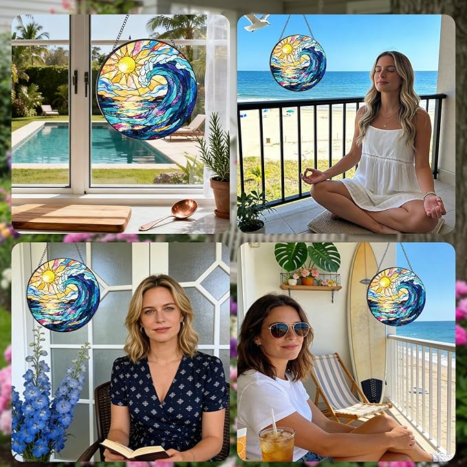 Stained Glass Window Hanging, 7.8″ Sea Sun Catchers with Hook Indoor Window Decor, Decorative Suncatchers Hanging Ornaments Home Garden Art Gift for Housewarming