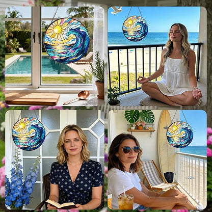Stained Glass Window Hanging, 7.8″ Sea Sun Catchers with Hook Indoor Window Decor, Decorative Suncatchers Hanging Ornaments Home Garden Art Gift for Housewarming