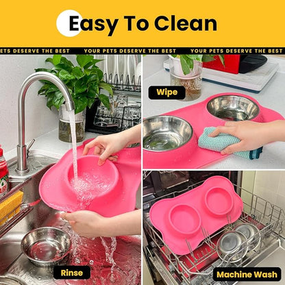Stainless Steel Dog Bowls with Non-Slip Silicone Mat, Spill Proof Food & Water Bowls Set, Easy Clean Puppy Food Dish, Dishwasher Safe, Suitable for Dogs Cats Pet Under 20lbs, Small, Pink