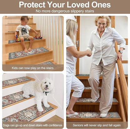 OJIA Non-Slip Stair Treads Matching Mat for Wooden Steps, Square Rubber Backing Anti-Slip Stair Carpet Landing Mat Stair Rugs 31x31 inch Carpet for Stairs, Red
