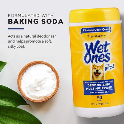 Wet Ones for Pets Deodorizing Multipurpose Dog Wipes with Baking Soda, Tropical Splash Scent - Desmellizing Wipes for Dogs in Canister, 50 Count - 12 Pack