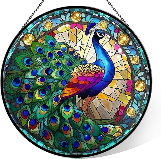 Stained Glass Window Hanging, 7.9" Peacock Suncatcher Ornament, Hand-Painted Round Stained Glass, Peacock Themed Gifts for Women & Bestie, Indoor/Outdoor Garden Wall Art & Housewarming Decor