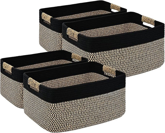 4 Pack Large Storage Basket for Organizing, 17.5"x13"x7" Woven Basket for Shelves, Closet Cube Storage Bins with Wrapped Handle, Cotton Rope Baskets for Kitchen, Clothes, Toys(Black & Brown)