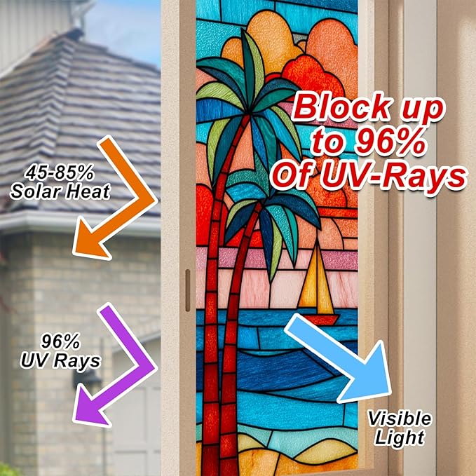Summer Beach Palm Trees Window Cling 18 x 39 Inch Stained Glass Decorative Privacy Film PVC Sailboat Ocean Sunset Glass Panel Vertical Home Decor