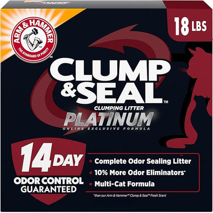 ARM & Hammer Clump & Seal Platinum Cat Litter, Multi-Cat Clumping Litter Forms Rock-Hard Clumps, Powerful Odor Eliminators with Baking Soda, 14-Day Odor Control, 18 lbs