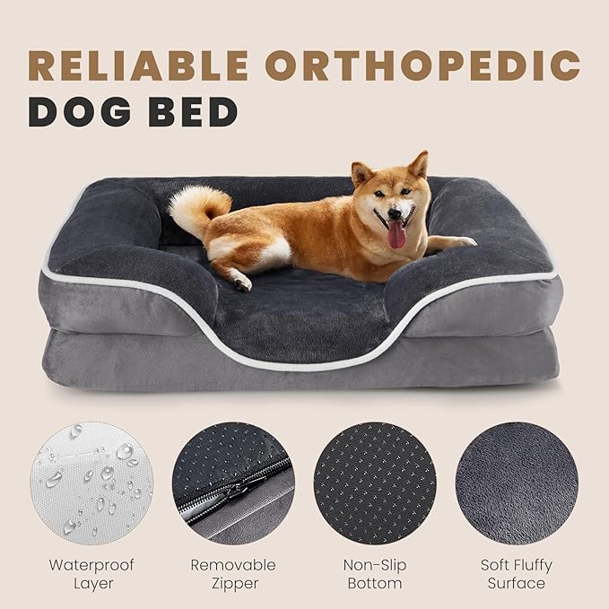 DUMOS 35x25 Inch Orthopedic Dog Beds for Large Sized Dogs, Machine Washable Cover Pet Bed, Anti-Slip Waterproof Memory Foam Couch Bed for Indoor Dogs and Cats, Grey