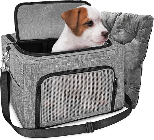 SlowTon Dog Booster Car Seat, Reinforce Metal Frame Safe Pet Car Seat with Seatbelt & Waterproof Pee Pad & Top Cover | Portable Collapsible Puppy Carrier Bag | for Small Dogs Cats (with Soft Pad)