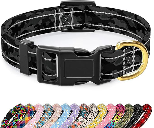Reflective Dog Collar for Small Dogs Cats, Cute Camouflage Adjustable Heavy-Duty Nylon Puppy Collar for Boy and Girl Female, Soft Pet Accessories with Quick Release Buckle, Black