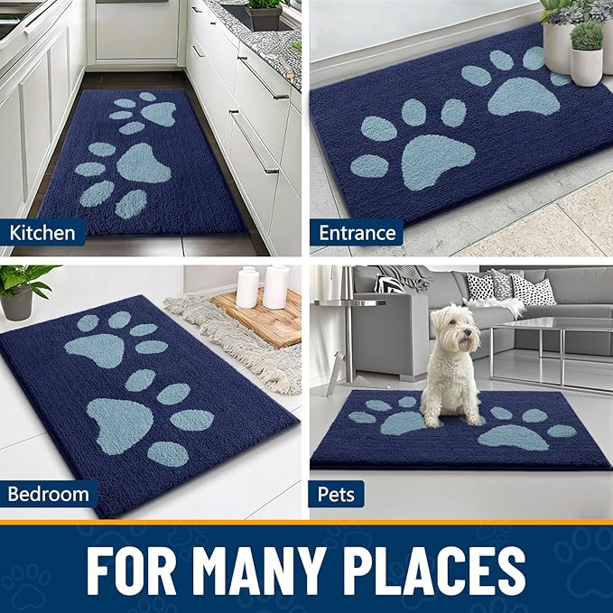Smiry Dog Door Mat for Muddy Paws, Absorbs Moisture and Dirt, Low-Profile Entryway Mat with Non-Slip Backing, Entry Indoor Outdoor Doormat for Inside Floor (48x30 Inches, Dark Blue, Paw)