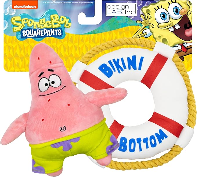 design LAB, Inc. Spongebob Squarepants Official Merchandise | Squeaky Plush Toys for Dogs | 2-Pack Patrick Starfish and Life Preserver | Dog Toys with Squeaker & Rope to Tug and Play