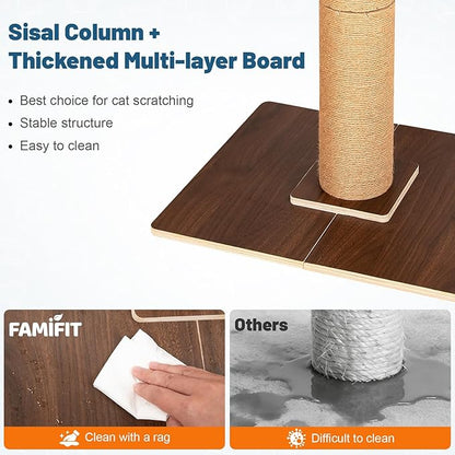 Cat Scratching Post, Retro-Style Tall Cat Scratcher Tower with Removable Gray Fluffy Cusion Perch, Natural Pine & Sisal Cat Scratcher for Indoor Cats, Large