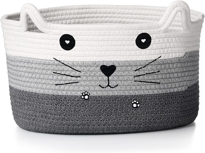 Zopeal Cat Basket Storage Woven Organizer with Ears Easter Decorative Pet Toy Cute Cotton Rope Basket for Gift Cat Dog Toy Bin Nursery Room(13.7 x 7.8 Inch,White, Light Gray, Dark Gray)