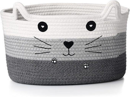 Zopeal Cat Basket Storage Woven Organizer with Ears Easter Decorative Pet Toy Cute Cotton Rope Basket for Gift Cat Dog Toy Bin Nursery Room(13.7 x 7.8 Inch,White, Light Gray, Dark Gray)