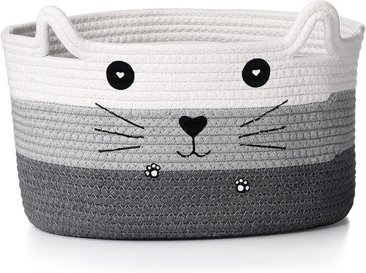 Zopeal Cat Basket Storage Woven Organizer with Ears Easter Decorative Pet Toy Cute Cotton Rope Basket for Gift Cat Dog Toy Bin Nursery Room(13.7 x 7.8 Inch,White, Light Gray, Dark Gray)