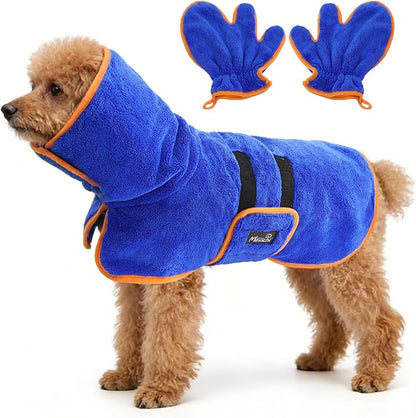 Mihachi Dog Bathrobe Towel Wrap Fast Drying with Drying Gloves Set, Super Absorbent Coral Fleece Dog Drying Coat Bath Robe for Puppy, Medium & Large Dogs, Adjustable Collar & Belly Strap, Blue M