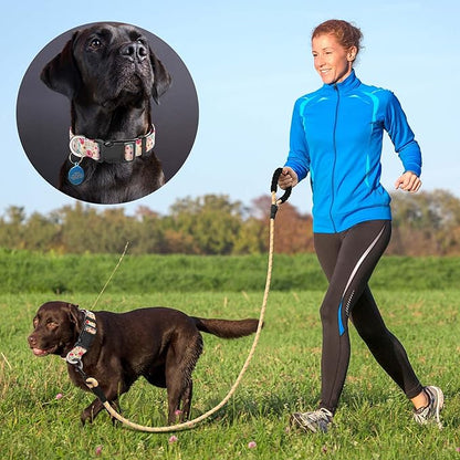 Reflective Dog Collar Padded with Soft Neoprene Breathable Adjustable Nylon Dog Collars for Small Medium Large Dogs (Large (Pack of 1), Vanila/Pink Floral Collar+Leash)