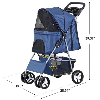 4 Wheels Dog Stroller Folding Pet Strolling Cart for Small Medium Cats Puppies Portable Jogger Travel Camping Puppy Carrier with Storage Basket Cup Holder, Navy Blue