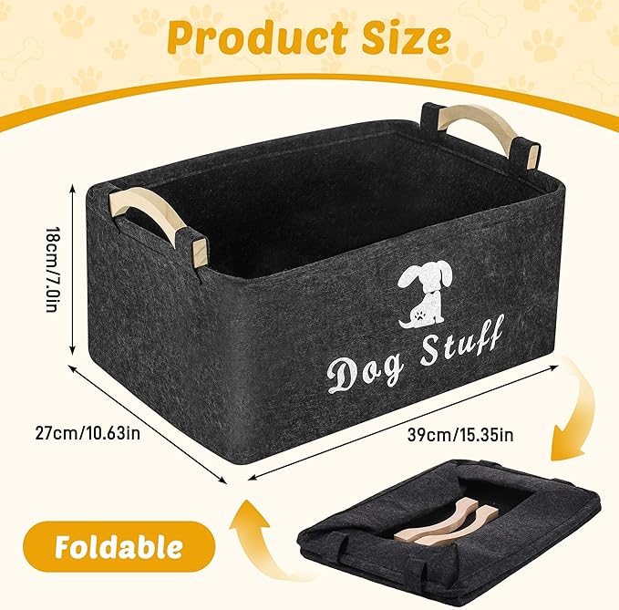 Dog Toy Basket, Felt Dog Toy Bin Box with Handle, Foldable Pet Toy Storage Container for Cat Puppy Toy (25×38×18 cm)