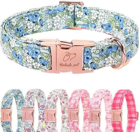 Blueberry Garden Dog Collar, Spring/Summer Cottagecore Floral Dog Collars, Adjustable Heavy Duty Girl Dogs Collar for Small Medium Large Dogs with Metal Buckle S