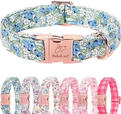 Blueberry Garden Dog Collar, Spring/Summer Cottagecore Floral Dog Collars, Adjustable Heavy Duty Girl Dogs Collar for Small Medium Large Dogs with Metal Buckle L