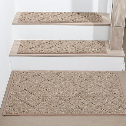 COSY HOMEER Stair Landing Rug Non-Slip 20"x32" Stair Treads for Wooden Steps,Washable Peel and Stick Stair Treads Matching Mats,Pet Friendly Soft Reusable Stair Landing Mat for Kids and Elders,Beige
