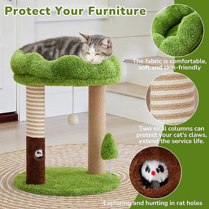 WOOCHPET Small Cat Tree with Perch Cat Bed and Removable Cover 23 inch Tall Cat Tower with 2 Scratching Sisal Scratching Posts and Cat Toys for Kittens and Adult Cats（Green）