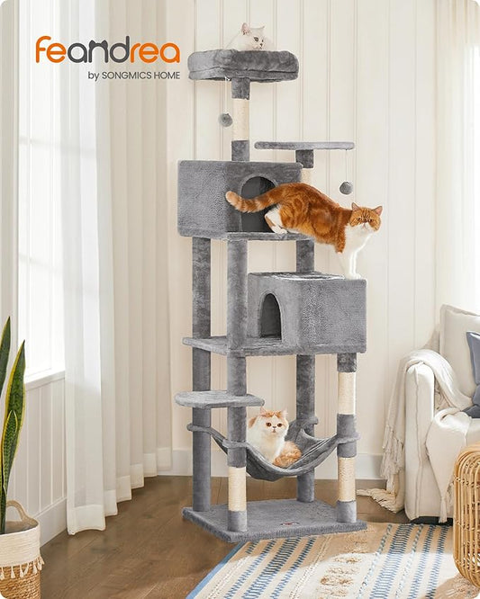 Feandrea Cat Tree, 73.2-Inch Tall Cat Tower, Plush Multi-Level Condo with 5 Scratching Posts, 2 Perches, 2 Caves, Hammock, 2 Pompoms, Light Gray UPCT191W01