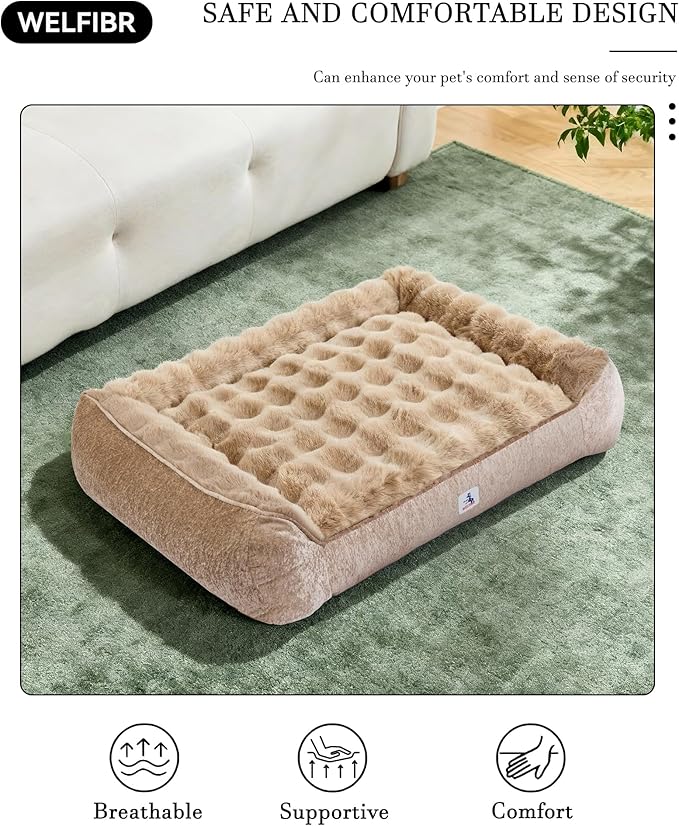 42” Dog Bed with Shredded Foam Filling, Calming Pet Sofa with Removable Washable Cover, Soft Faux Fur Bolster Couch for Dogs, Anti-Slip Bottom