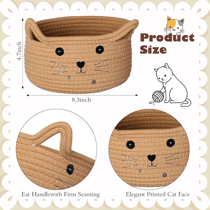 Zopeal Cat Basket Storage Woven Organizer with Ears Easter Decorative Pet Toy Cute Cotton Rope Basket for Gift Cat Dog Toy Bin Nursery Room(8.3 x 4.7 Inch,Khaki)