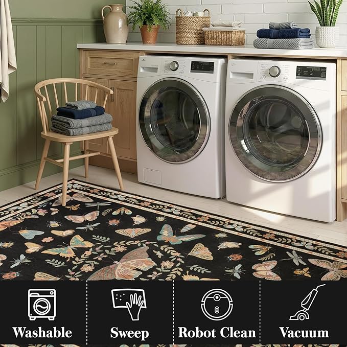 Unirea 2x6 Black Runner Rug, Washable Non Slip Insect Botanical Rug for Hallway, Kitchen, Bathroom, Laundry Room, Entryway, Bedroom, Soft Boho Door Mat Indoor Entrance Bug Rugs, Low Pile Carpet