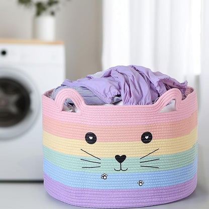 Zopeal Cat Basket Storage Woven Organizer with Ears Easter Decorative Pet Toy Cute Cotton Rope Basket for Gift Cat Dog Toy Bin Nursery Room(21.7 x 13.8 Inch,Macaron Color)