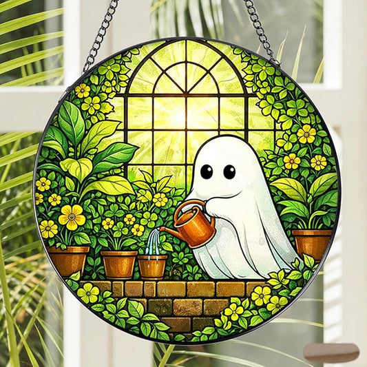 Stained Glass Window Hanging, 7.8″ Ghost Sun Catchers Art Decor Indoor Window, Decorative Suncatchers Hanging Ornaments Home Garden Gift for Plant Lover Housewarming